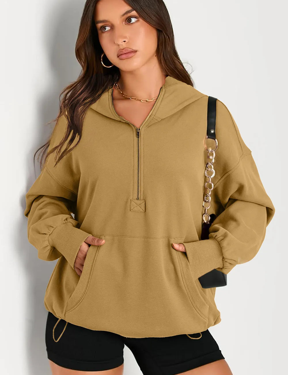 Tan Pocketed Half Zip Long Sleeve Hoodie | Hoodies Daverri Fashions