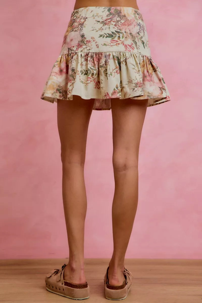 SO ME floral print fit and flare mini skirt in beige with pink green blossoms