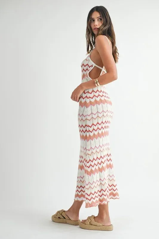 MABLE Lightweight Pointelle Chevron Knit Maxi Dress - DAVERRI FASHIONS