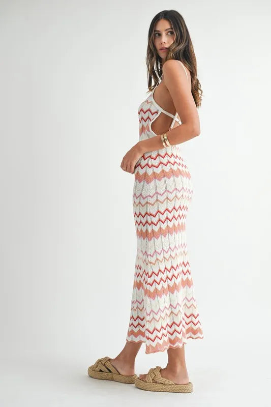 MABLE Lightweight Pointelle Chevron Knit Maxi Dress Maxi Dresses
