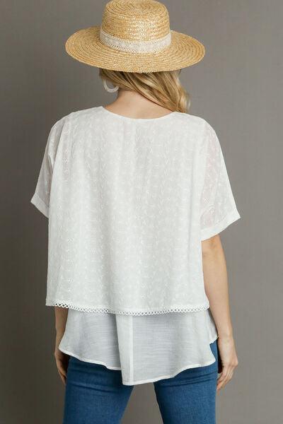 Umgee Full Size Eyelet Layered Short Sleeve Blouse Plus Size Blouses
