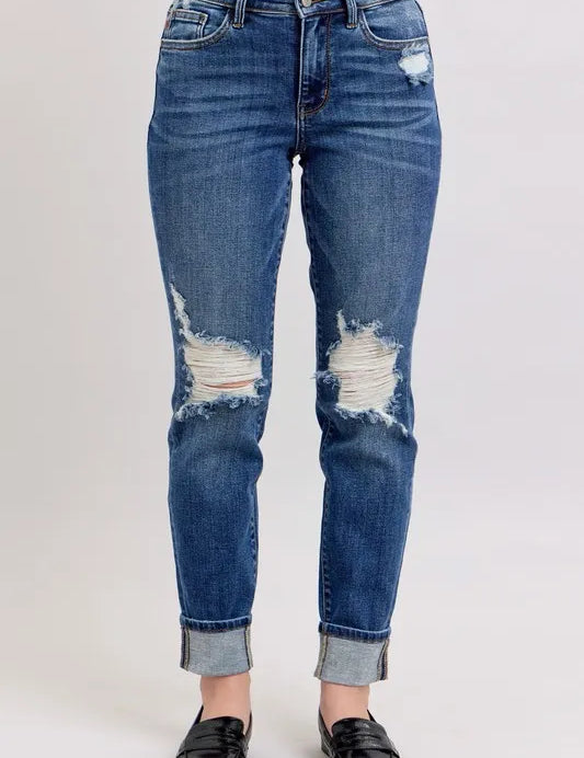 Judy Blue Full Size Mid Rise Boyfriend destroy Jeans with Yoke Pockets and Faux Selvedge Cuff Plus Size | Daverri Fashions