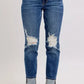 Judy Blue Full Size Mid Rise Boyfriend destroy Jeans with Yoke Pockets and Faux Selvedge Cuff Plus Size - DAVERRI FASHIONS