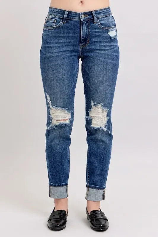 Judy Blue Full Size Mid Rise Boyfriend destroy Jeans with Yoke Pockets and Faux Selvedge Cuff Plus Size - DAVERRI FASHIONS