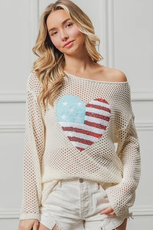 BiBi Sequin American Flag Heart Knit Cover-Up - DAVERRI FASHIONS
