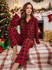Plaid Collared Neck Long Sleeve Top and Pants Lounge Set | Loungewear Sets Daverri Fashions