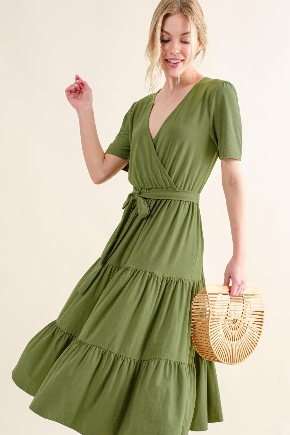 GREEN And The Why Soft Short Sleeve Tiered Midi Dress | Daverri Fashions