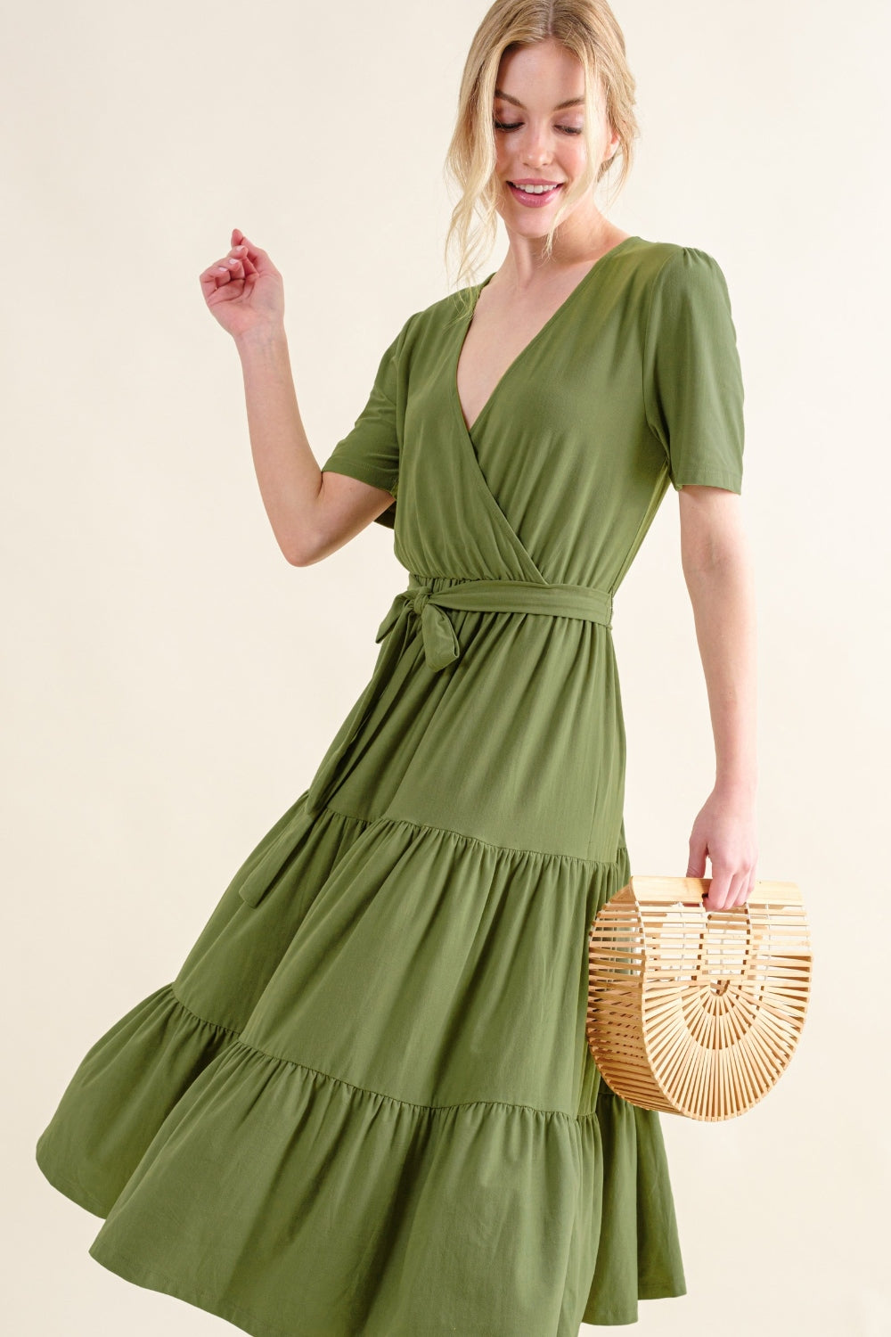 And The Why Soft Short Sleeve Tiered Midi Dress GREEN