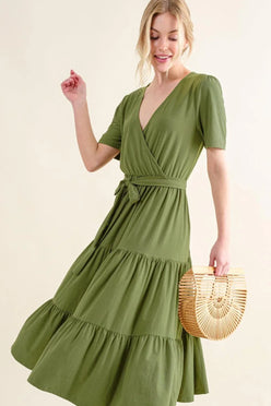 And The Why Soft Short Sleeve Tiered Midi Dress - DAVERRI FASHIONS