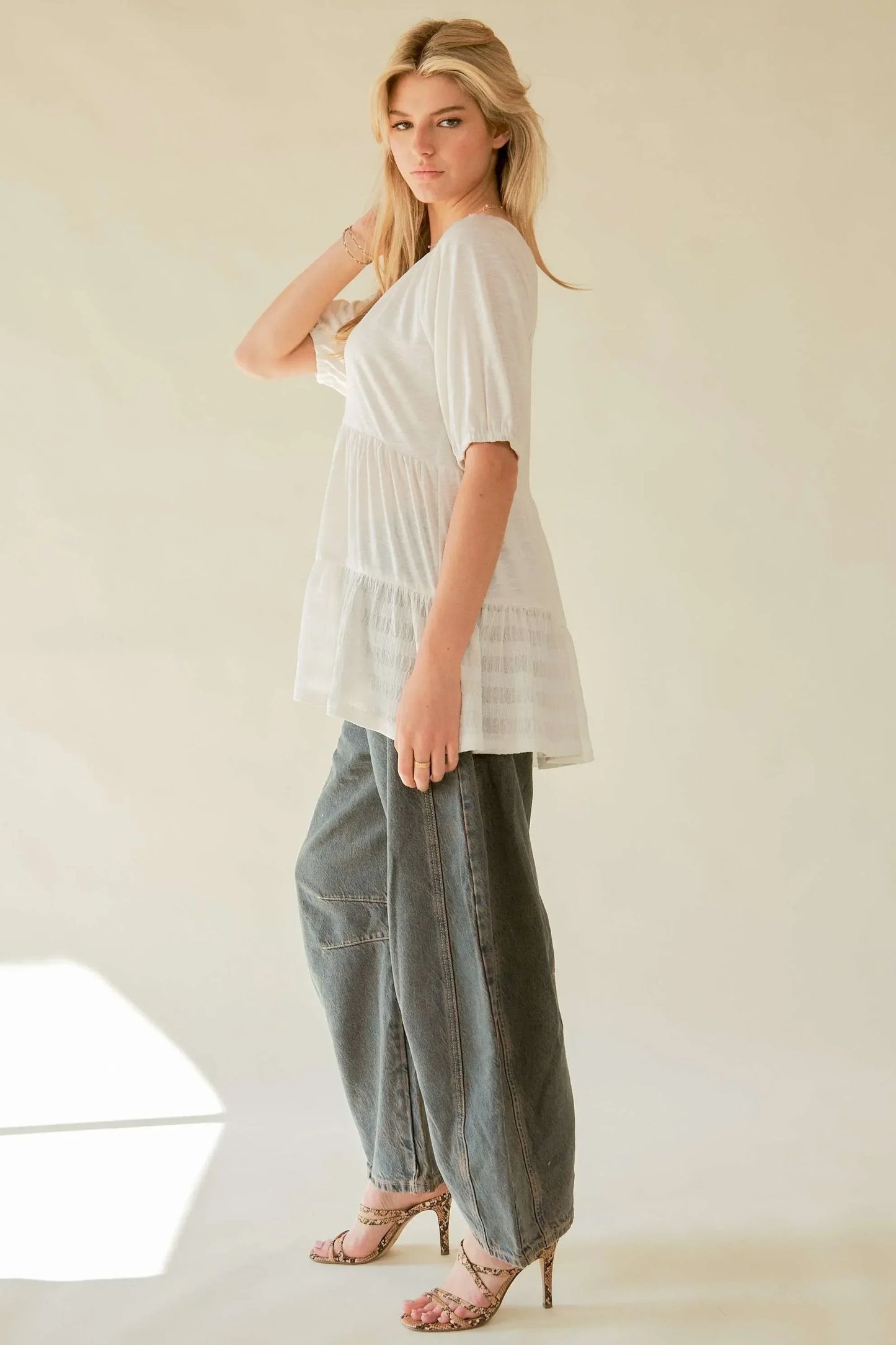 Davi & Dani Ruffled Flared Short Sleeve V Neck Blouse - DAVERRI FASHIONS