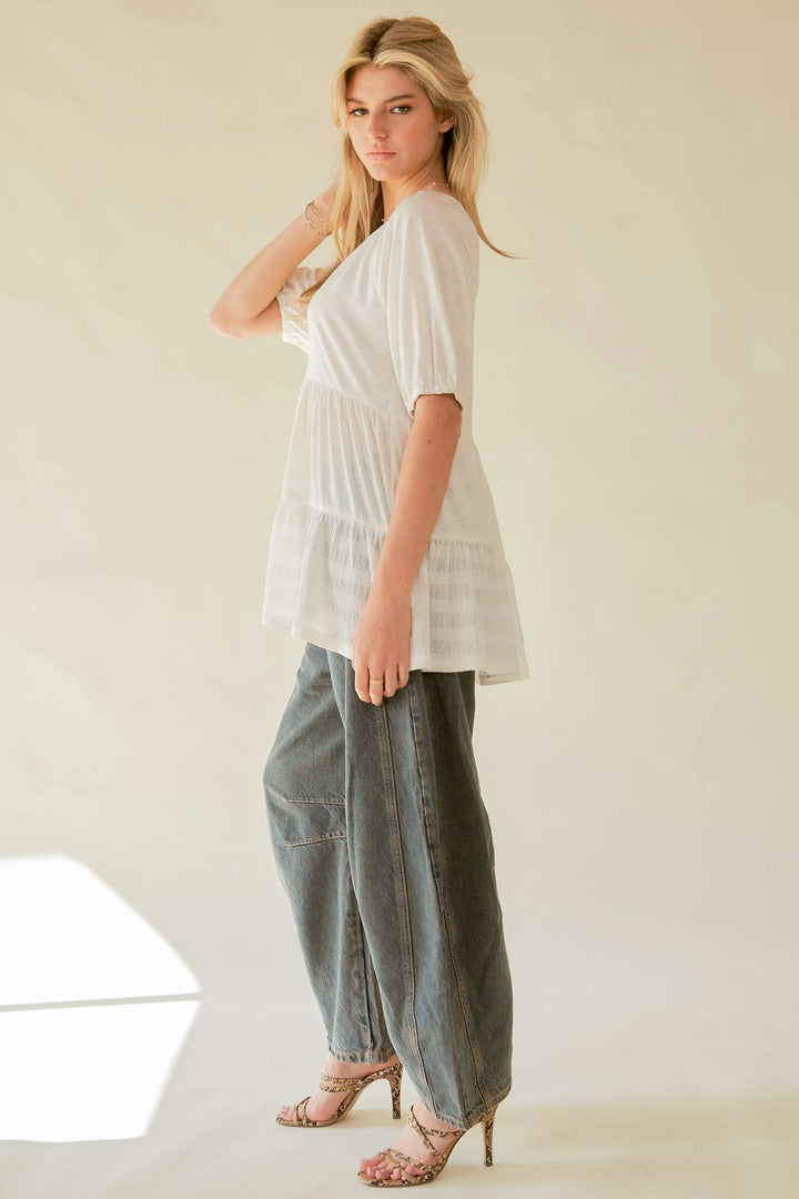 Davi & Dani Ruffled Flared Short Sleeve V Neck Blouse Blouses