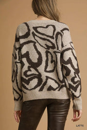 Umgee Heart Print Crew Neck Sweater | Sweaters Daverri Fashions