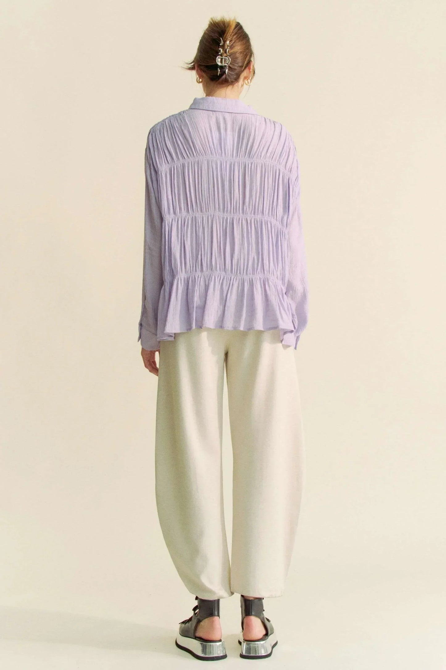 Davi & Dani Ruched All Over Button Front Shirt - DAVERRI FASHIONS