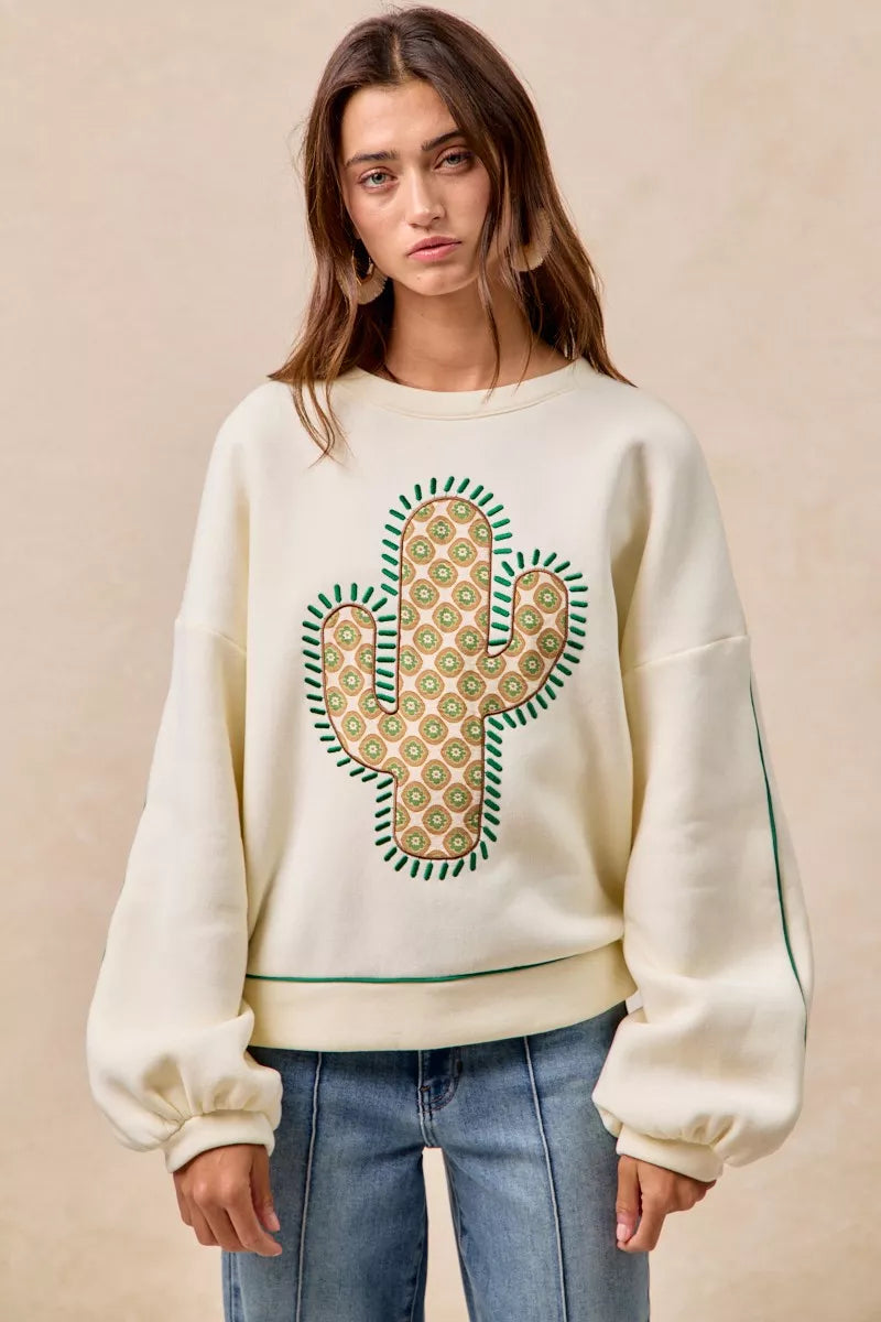 BiBi Cactus Embroidered Fleece Sweatshirt | Daverri Fashions