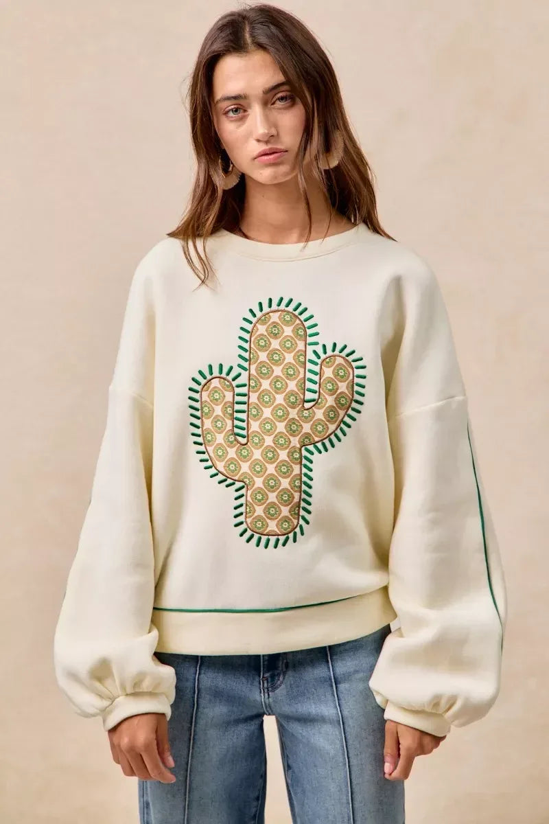 BiBi Cactus Embroidered Fleece Sweatshirt - DAVERRI FASHIONS