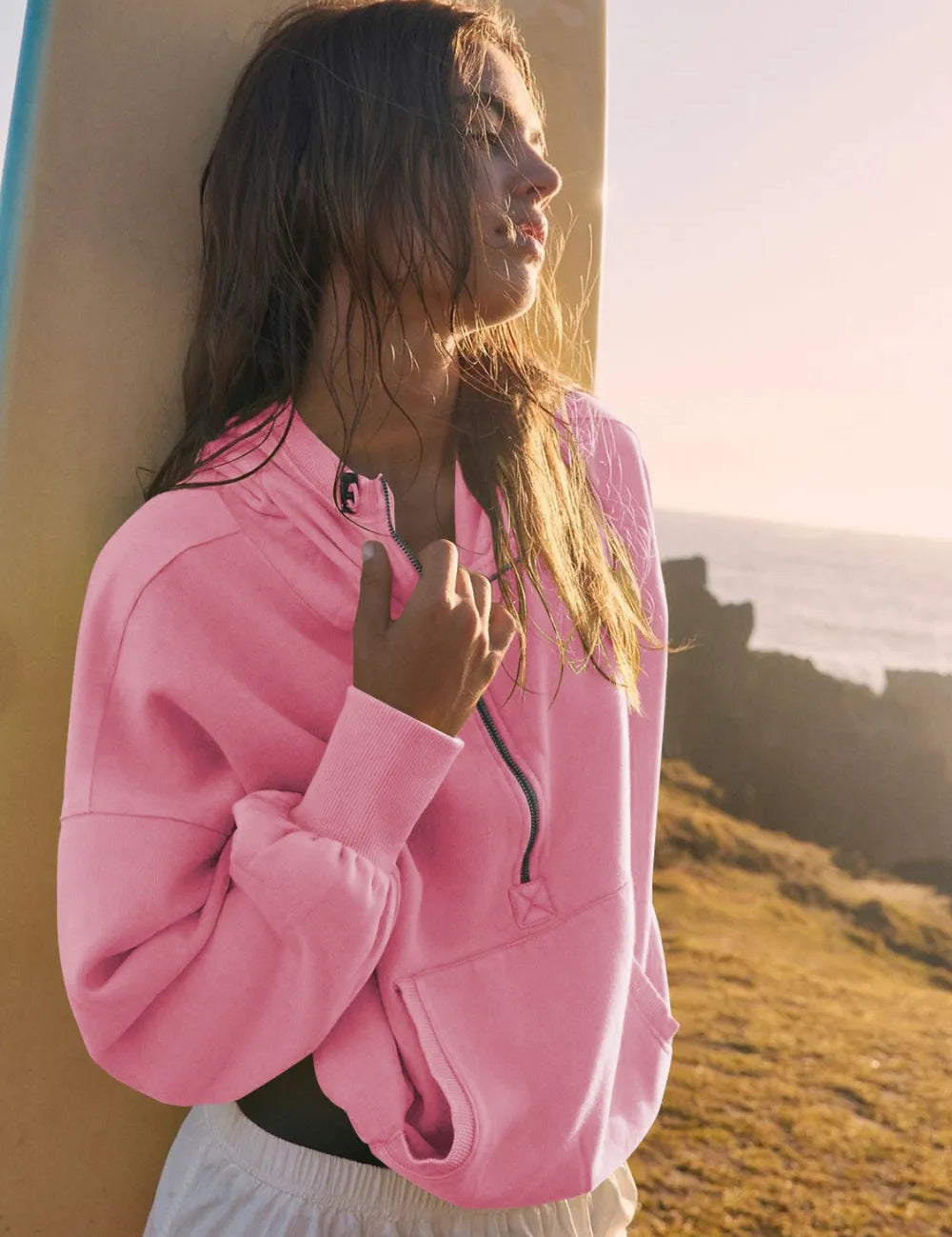 Pink Half Zip Pocketed Dropped Shoulder Hoodie | Hoodies Daverri Fashions