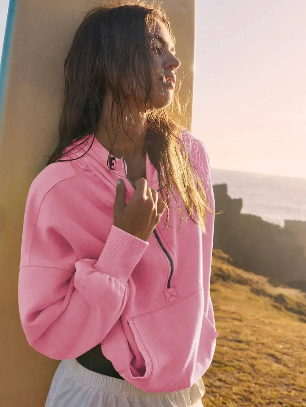 Half Zip Pocketed Dropped Shoulder Hoodie - DAVERRI FASHIONS