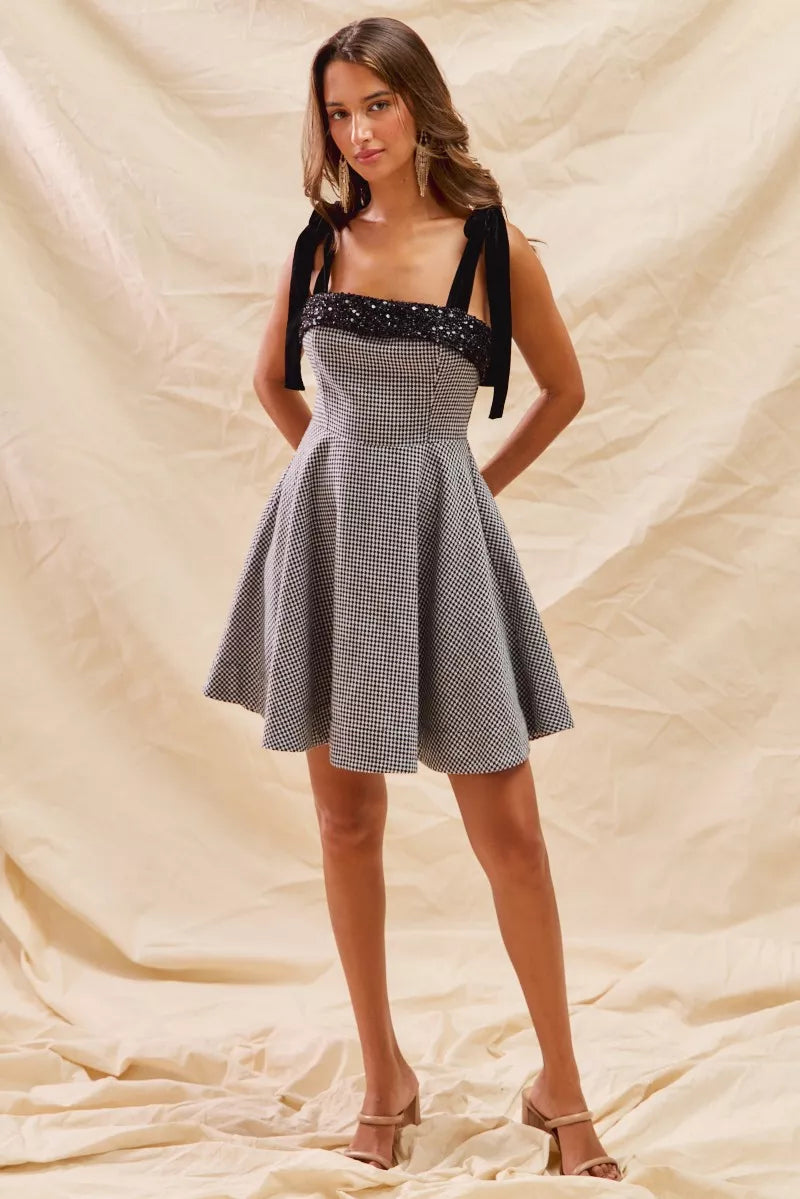 SO ME Houndstooth Fit Flare Mini Dress with Shoulder Tie | Mini Dresses Daverri Fashions