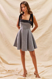 SO ME Houndstooth Fit Flare Mini Dress with Shoulder Tie | Mini Dresses Daverri Fashions
