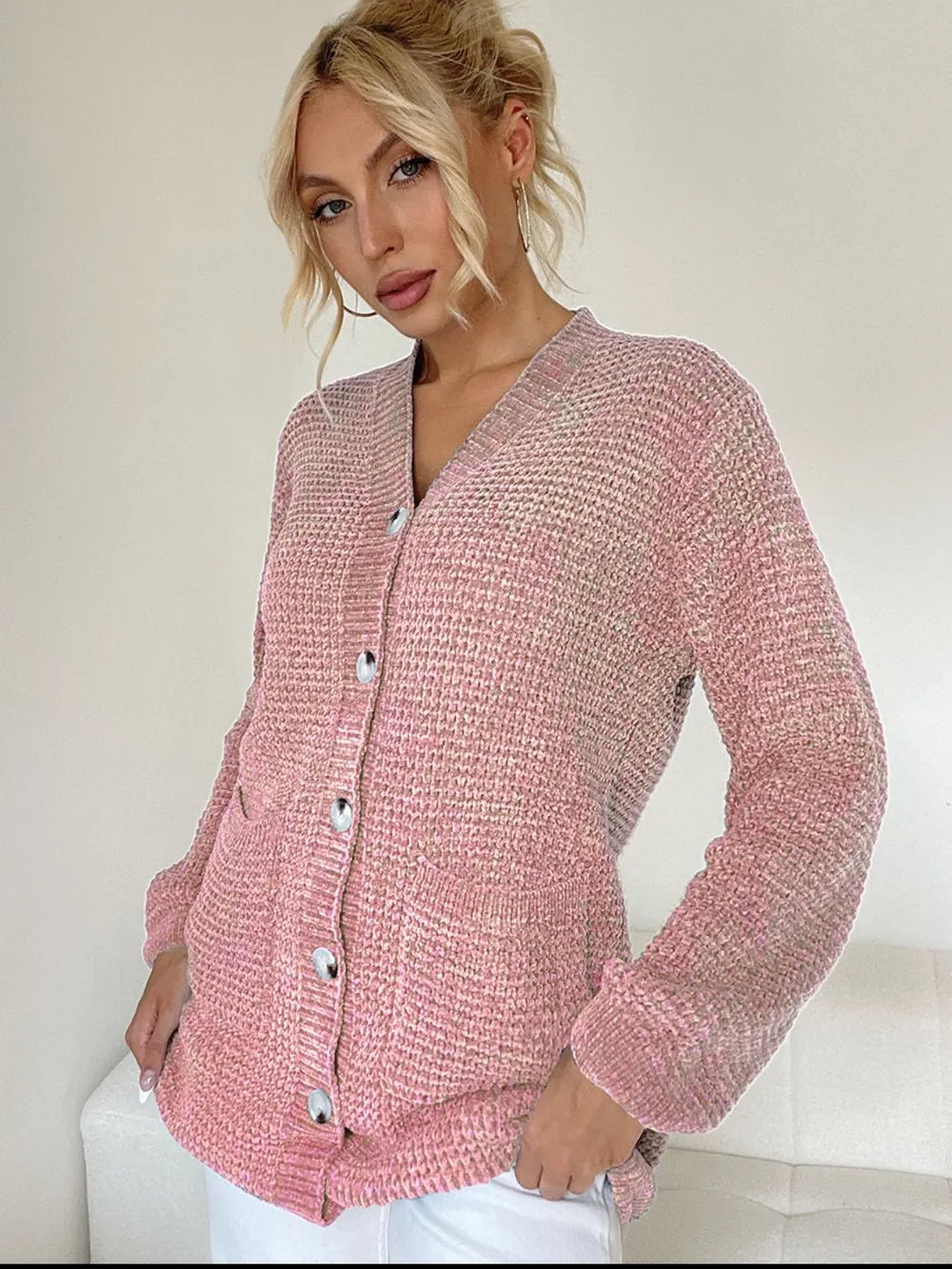Dusty Pink One Size Pocketed V-Neck Button Up Cardigan | Cardigans Daverri Fashions