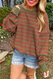 Brown Stripe 50%Viscose+28%Polyester+22%Polyamide Orange Stripe Trimmed Round Neck Drop Shoulder Loose Sweater | Sweaters Daverri Fashions