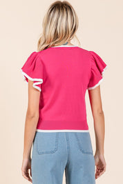 Mittoshop Contrast Trim Ruffled Cap Sleeve Knit Top Tops