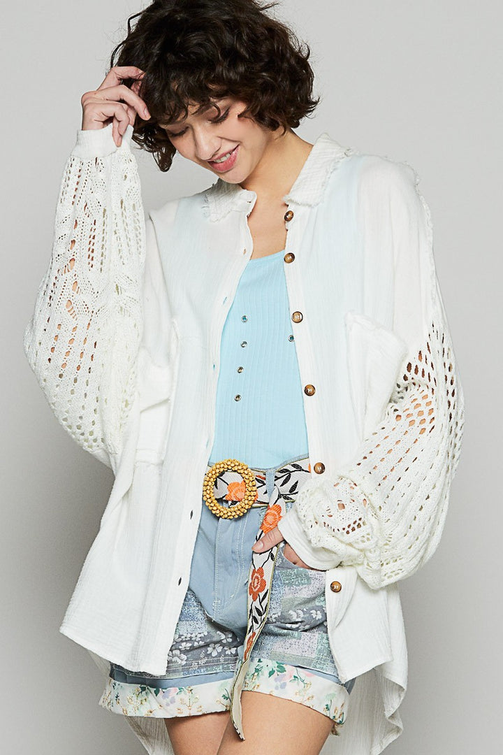 POL Openwork Lantern Sleeve Button Down Gauze Shirt White