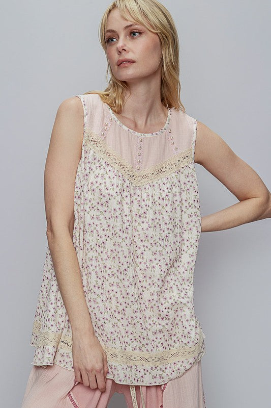 POL Lace Detail Floral Round Neck Sleeveless Top