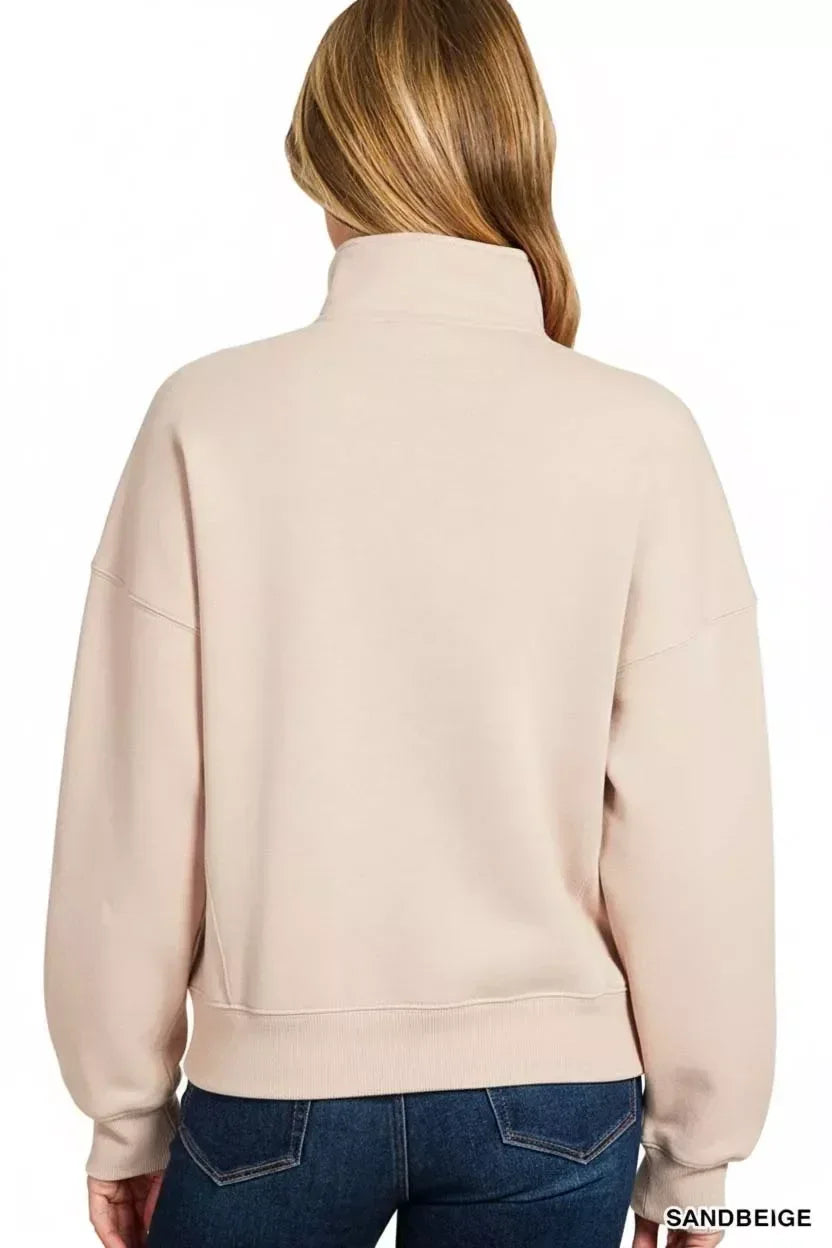 Zenana Fleece High Neck Half Zip Sweatshirt Sand Beige - DAVERRI FASHIONS