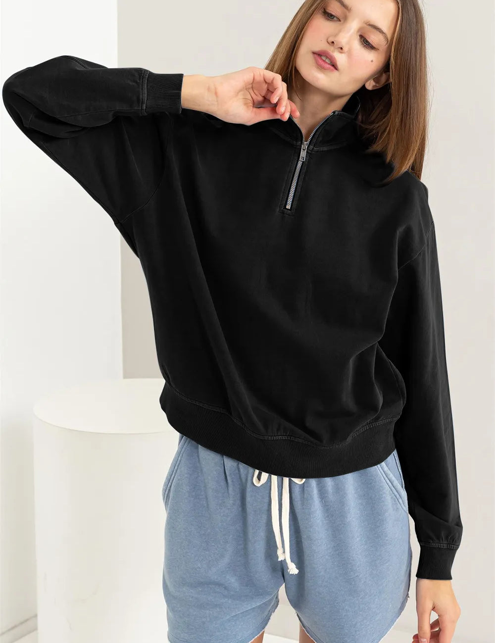 Black HYFVE Half Zip Drop Shoulder Sweatshirt | Daverri Fashions