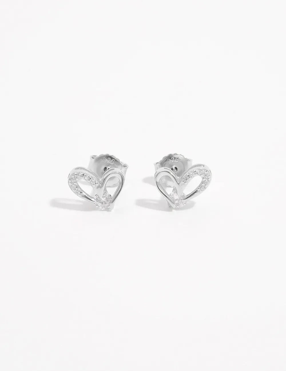 Silver heart stud earrings with sparkling zircon gemstones