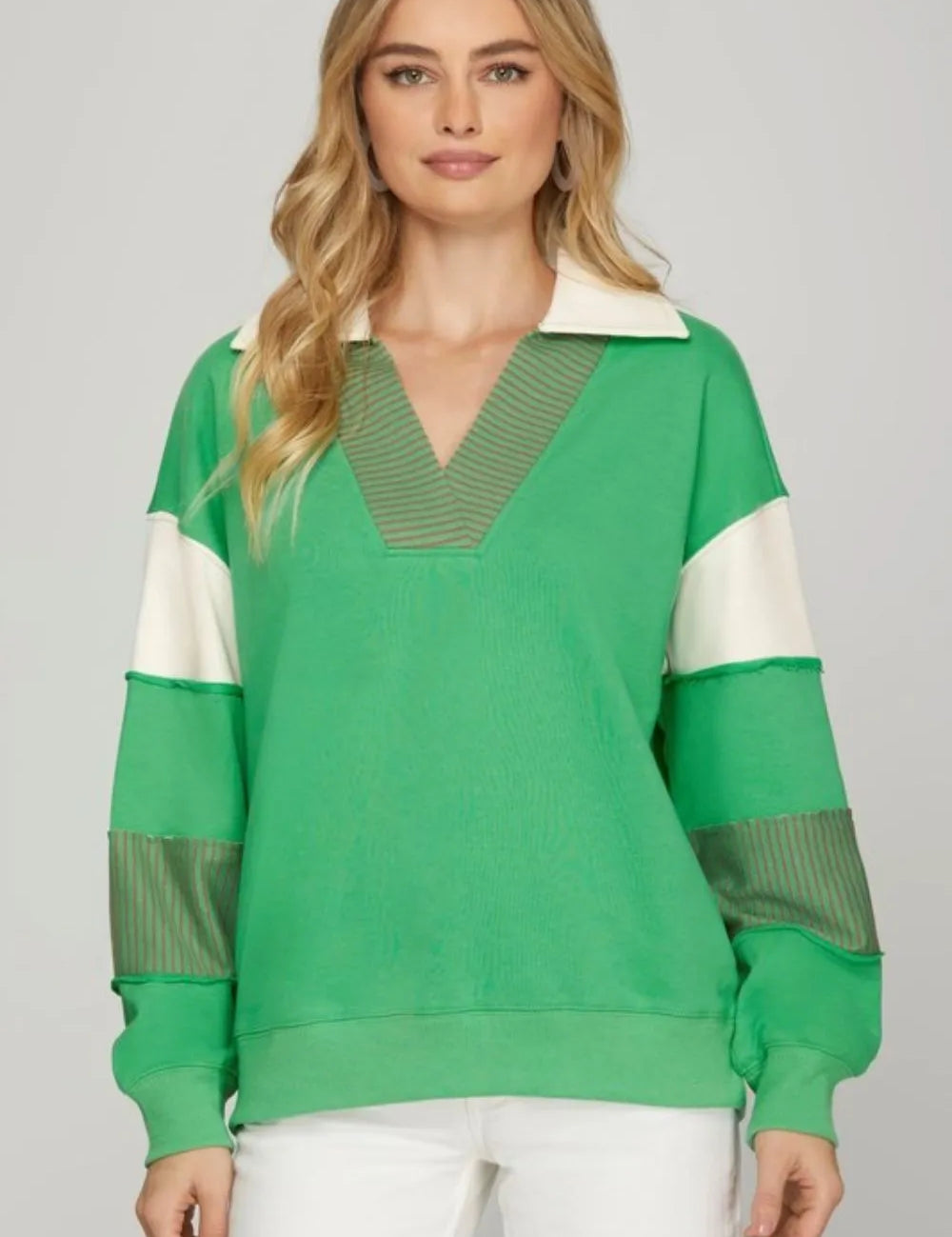 Green She + Sky Color Block Sleeve Johnny Collar French Terry Sweatshirt | Sweatshirts Daverri Fashions