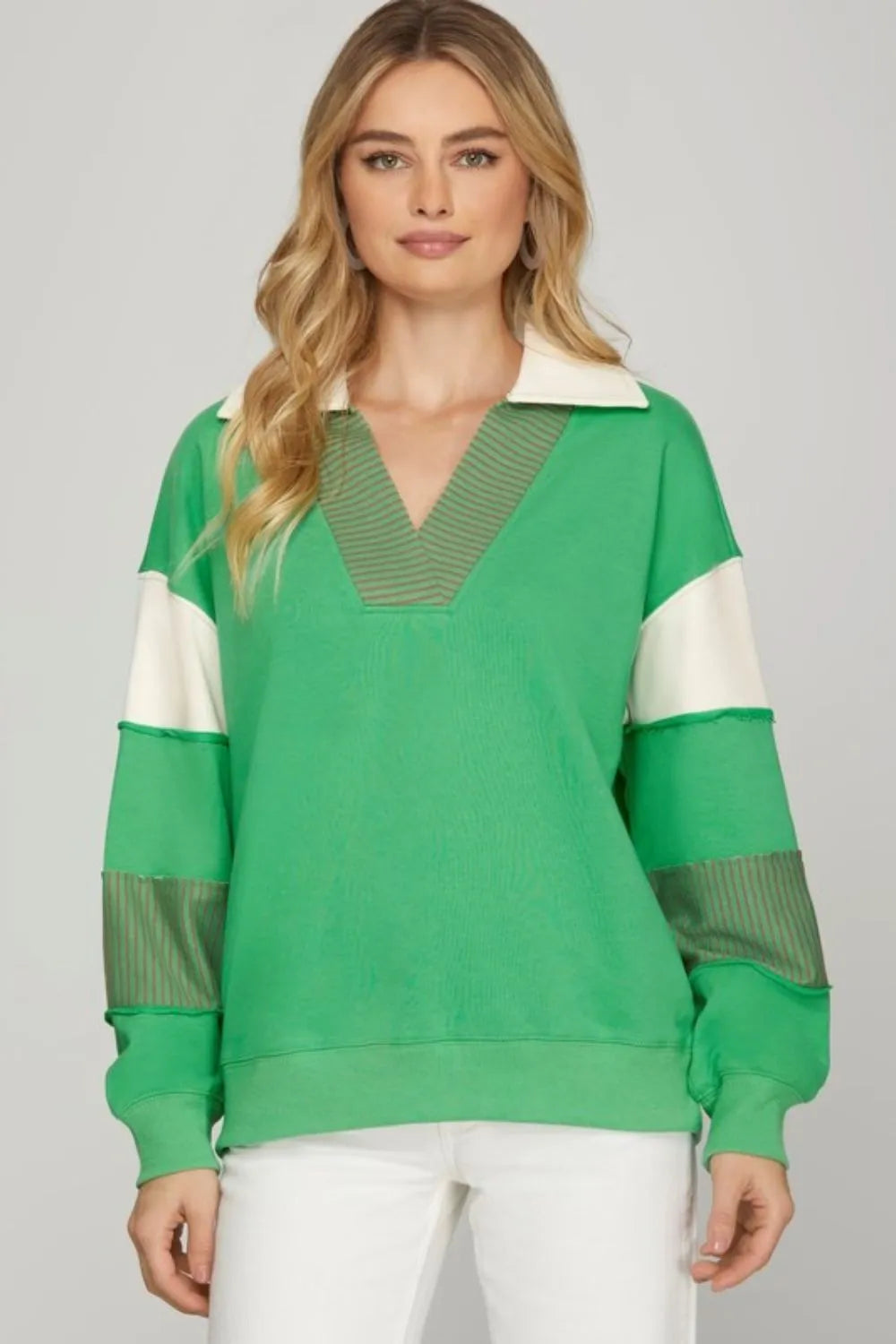 She + Sky Full Size Color Block Sleeve Johnny Collar French Terry Sweatshirt Plus Size Green Sweatshirts