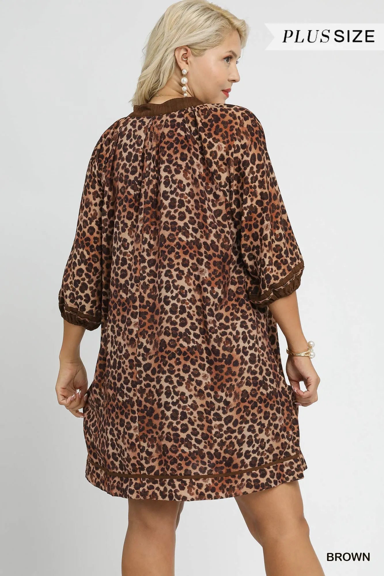 Umgee Full Size Leopard Print Mini Dress with Contrast Trim Plus Size Dresses