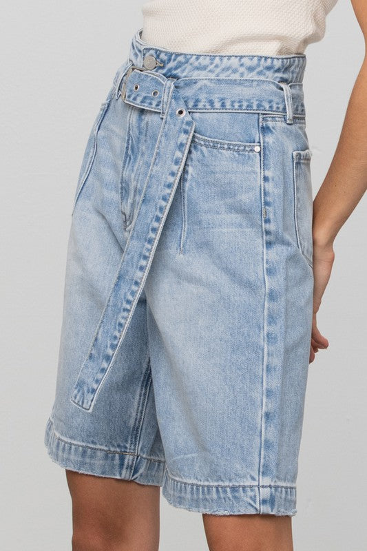 Self Belted Bermuda Denim Shorts Shorts