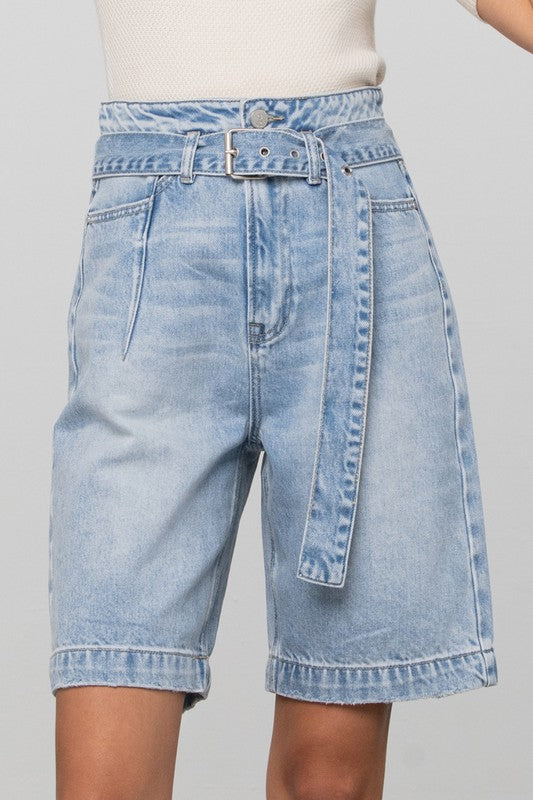Self Belted Bermuda Denim Shorts LIGHT BLUE WASH Shorts
