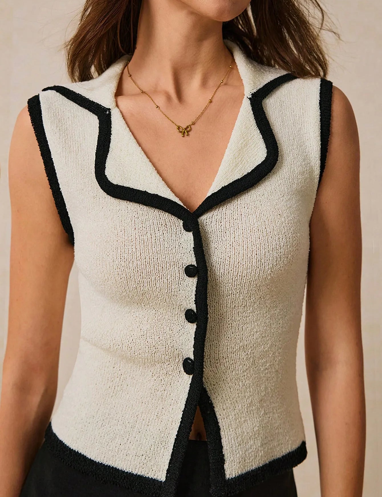 Cream Contrast Trim Button Front Sweater Vest | Sweater Vests Daverri Fashions