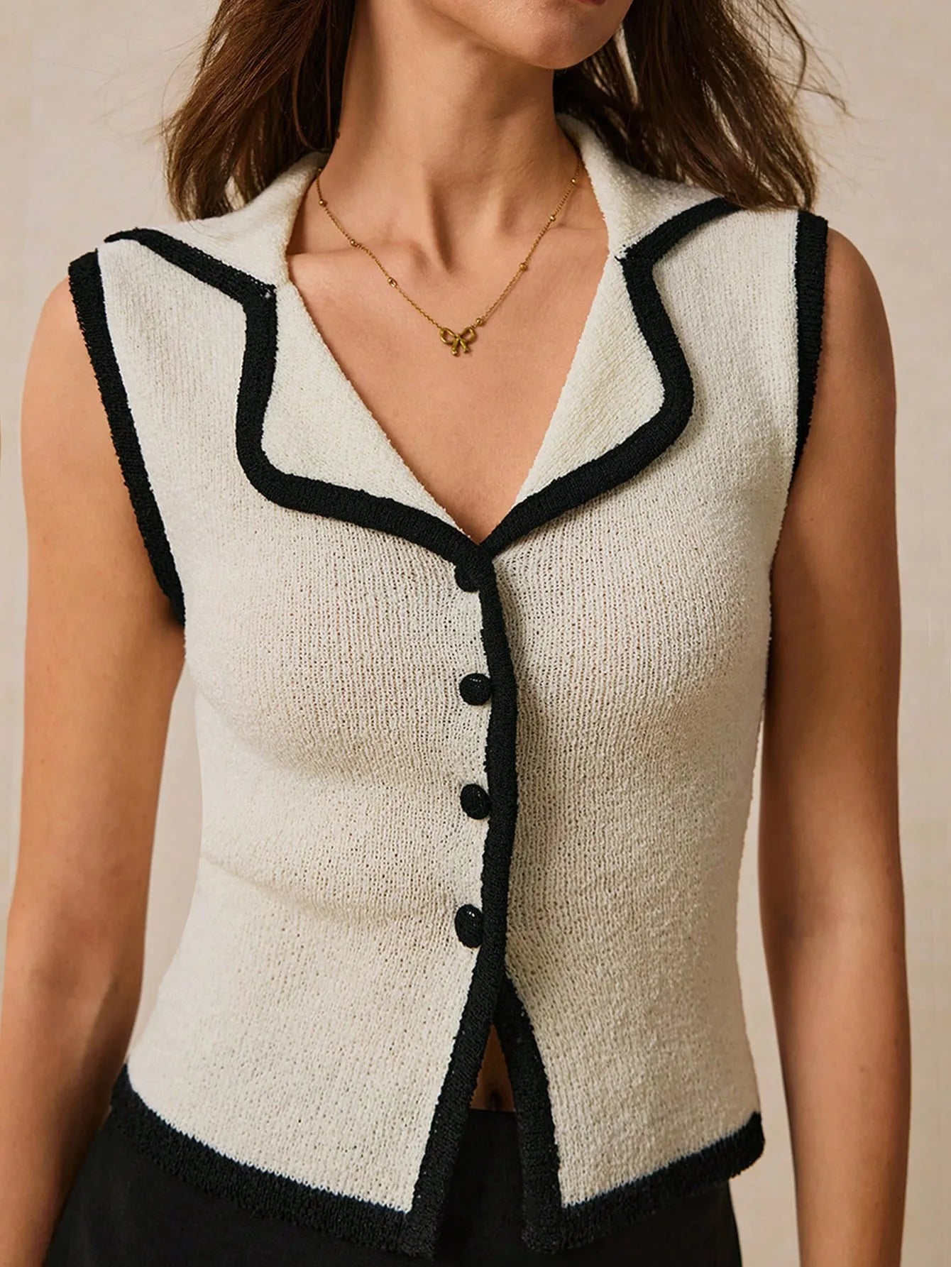 Cream Contrast Trim Button Front Sweater Vest | Sweater Vests Daverri Fashions