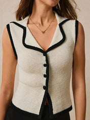 Cream Contrast Trim Button Front Sweater Vest | Sweater Vests Daverri Fashions