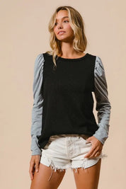 BiBi Cable Sweater Knit Top with Contrast Puff Sleeve | Knit Tops Daverri Fashions