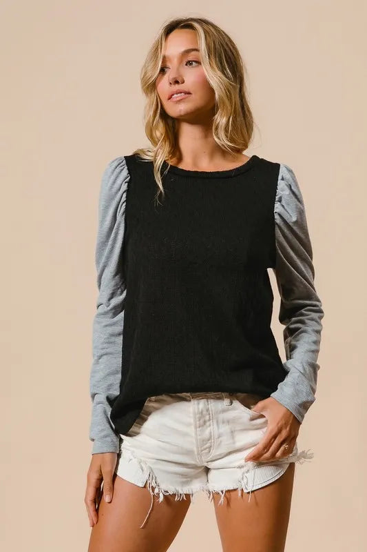 BiBi Cable Sweater Knit Top with Contrast Puff Sleeve | Knit Tops Daverri Fashions