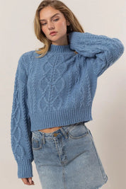 Gray Blue L HYFVE Cable-Knit Mock Neck Dropped Shoulder Sweater | Sweaters Daverri Fashions