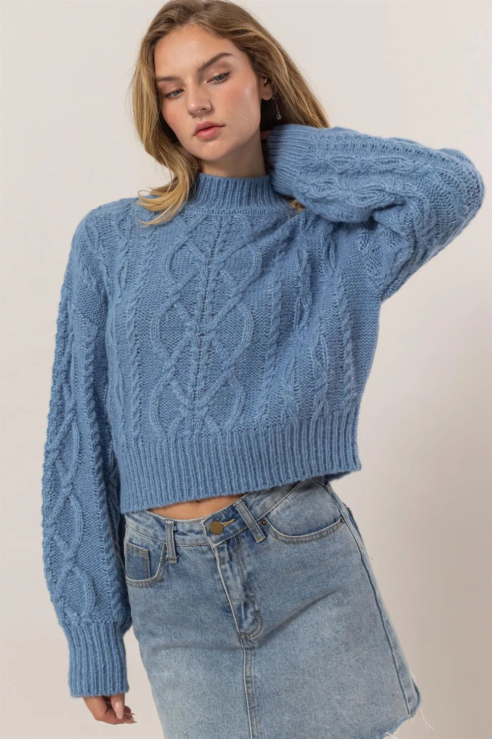 HYFVE Cable-Knit Mock Neck Dropped Shoulder Sweater Gray Blue L Sweaters