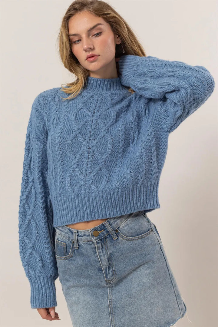 HYFVE Cable-Knit Mock Neck Dropped Shoulder Sweater Gray Blue L Sweaters