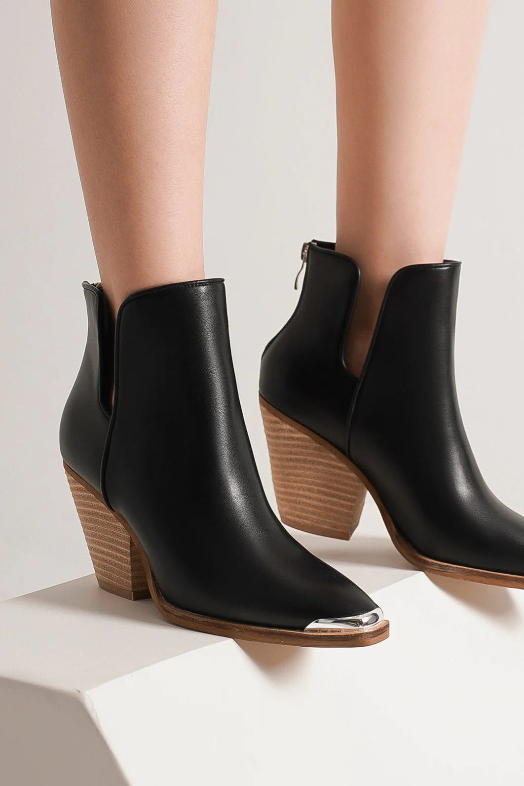 Pointed Metal-Tip Toe Block Heel Ankle Boots Black Boots