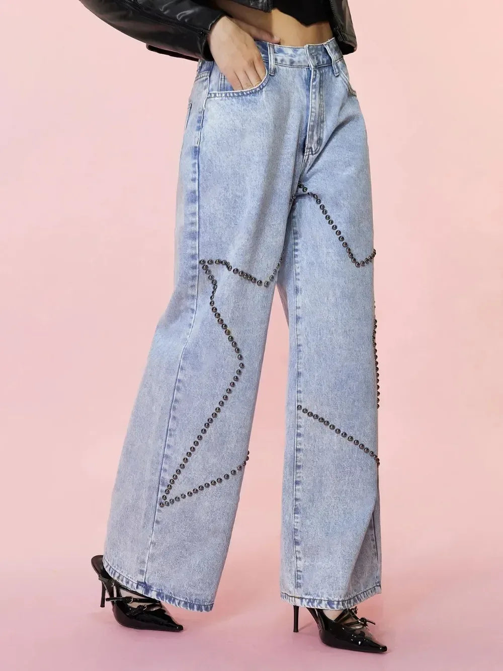 Studded Star Straight Jeans with Pockets - DAVERRI FASHIONS