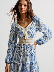 Bohemian blue and white print midi dress with lace trim and tassel detail