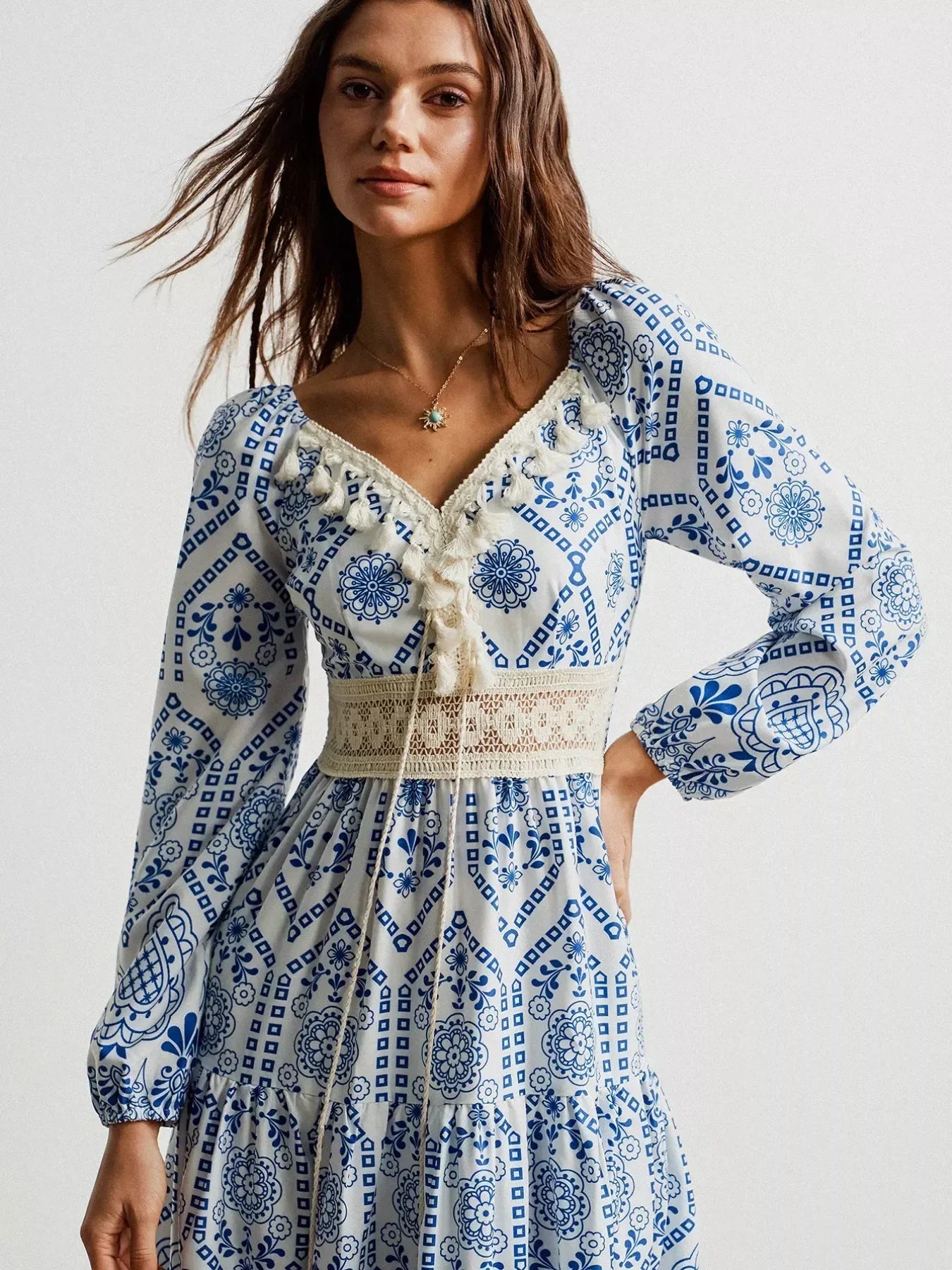 Daverri Fashions Bohemian Print Midi Dress with Tassel Detail - DAVERRI FASHIONS