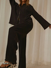 Button Up Long Sleeve Top and Pants Set | Loungewear Sets Daverri Fashions