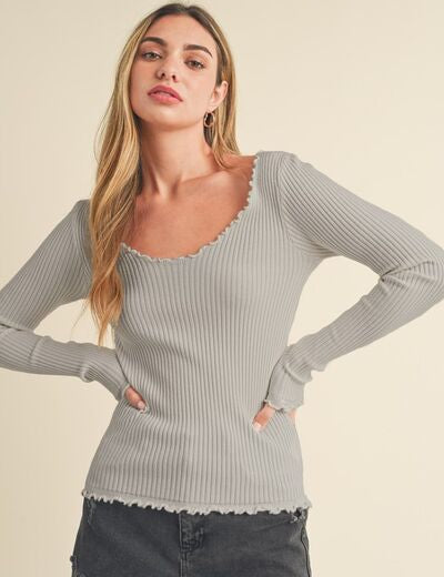 Aemi + Co Lettuce Hem Scoop Neck Long Sleeve Knit Top Tops